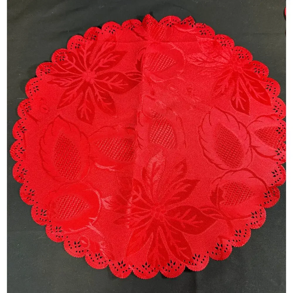 Vintage Red Christmas Silk Table Linens Set of 3 Poinsettia & Holly Placemats